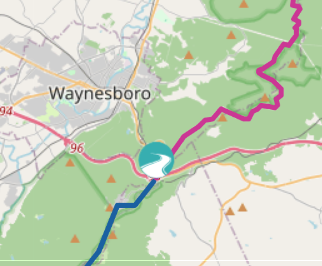 Screenshot from BlueRidgeParkway.org shows the junction of Blue Ridge Parkway (blue line) and Skyline Drive (magenta line) near Waynesboro, Virginia.
